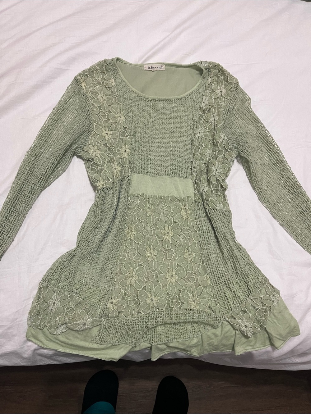 indigo soul Sage Green Crochet Lace Long Sleeve Layered Top